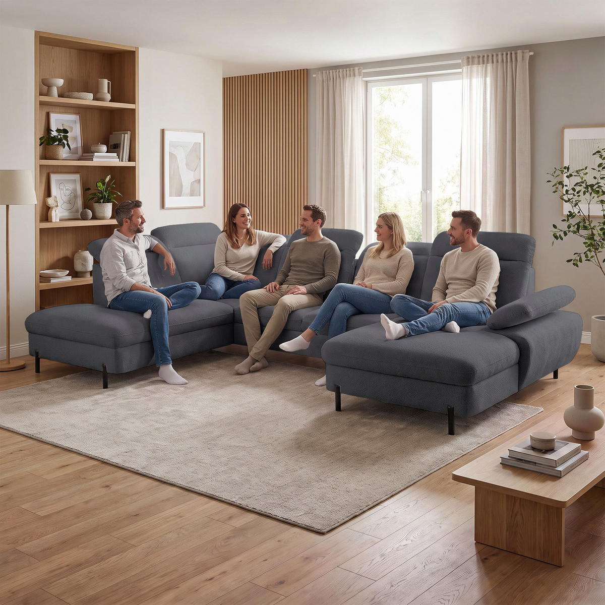 WOHNLANDSCHAFT Sora U mit Schlaffunktion und verstellbarer Sitztiefe, Kopfstützen und Armlehne, 365 cm, Anthrazit, Rechts - Anthrazit/Schwarz, Textil (365/107/235cm) - Beautysofa