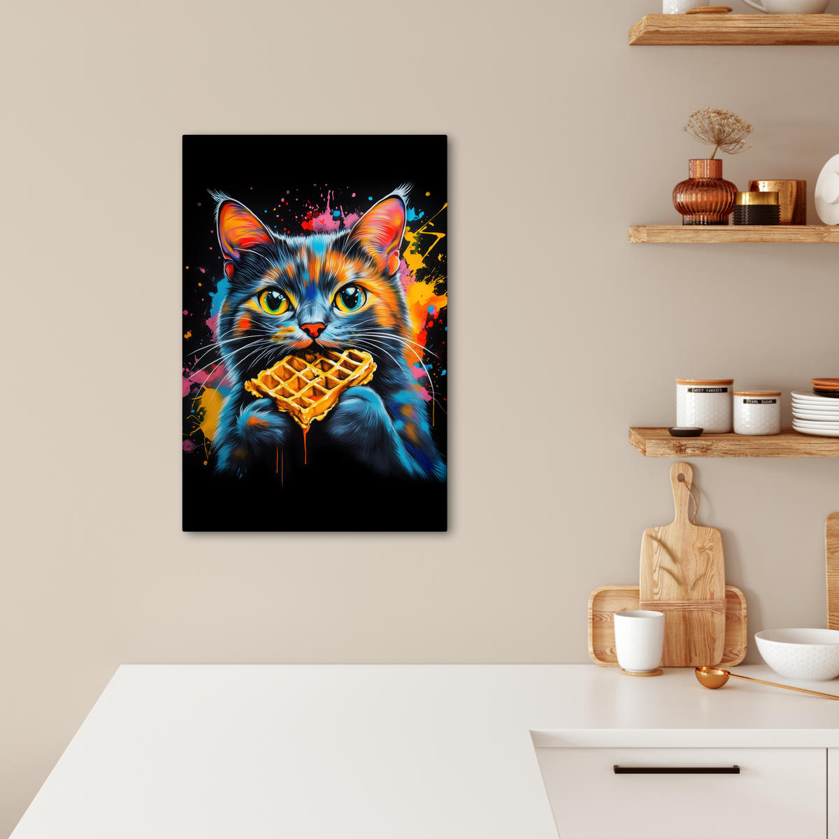 LEINWANDBILD Katze - Graffiti - Bunt - Waffel - Essen 40x60 cm - Türkis, Textil (40/60cm) - MuchoWow
