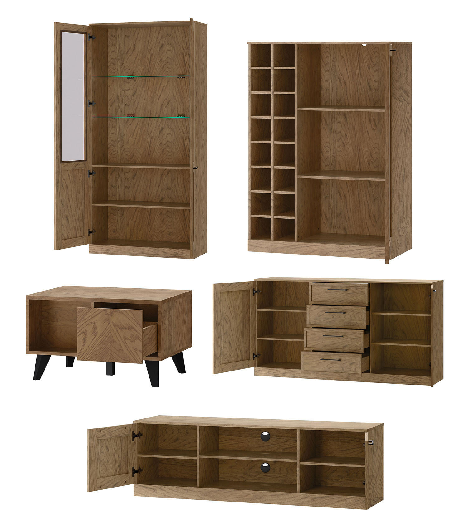 WOHNZIMMER-SET Cozy Eiche Rustikal 6-teilig - Eichefarben/Braun, Holz/Metall (355/200/60cm) - Feldmann-Wohnen