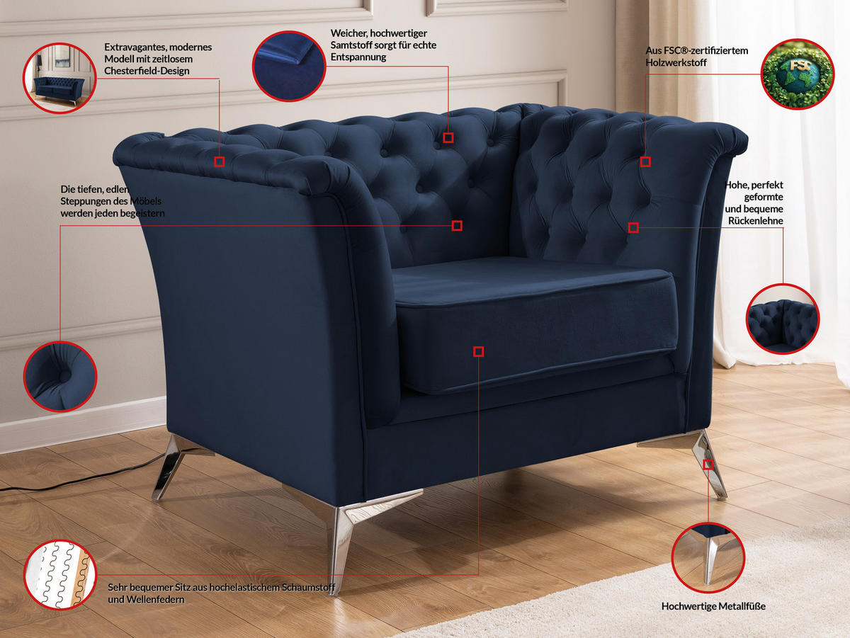 CHESTERFIELD-SESSEL Whitby Marineblau Samt mit silbernen Füßen - Silberfarben/Dunkelblau, Holz/Textil (116/78/82cm) - S-Style Möbel