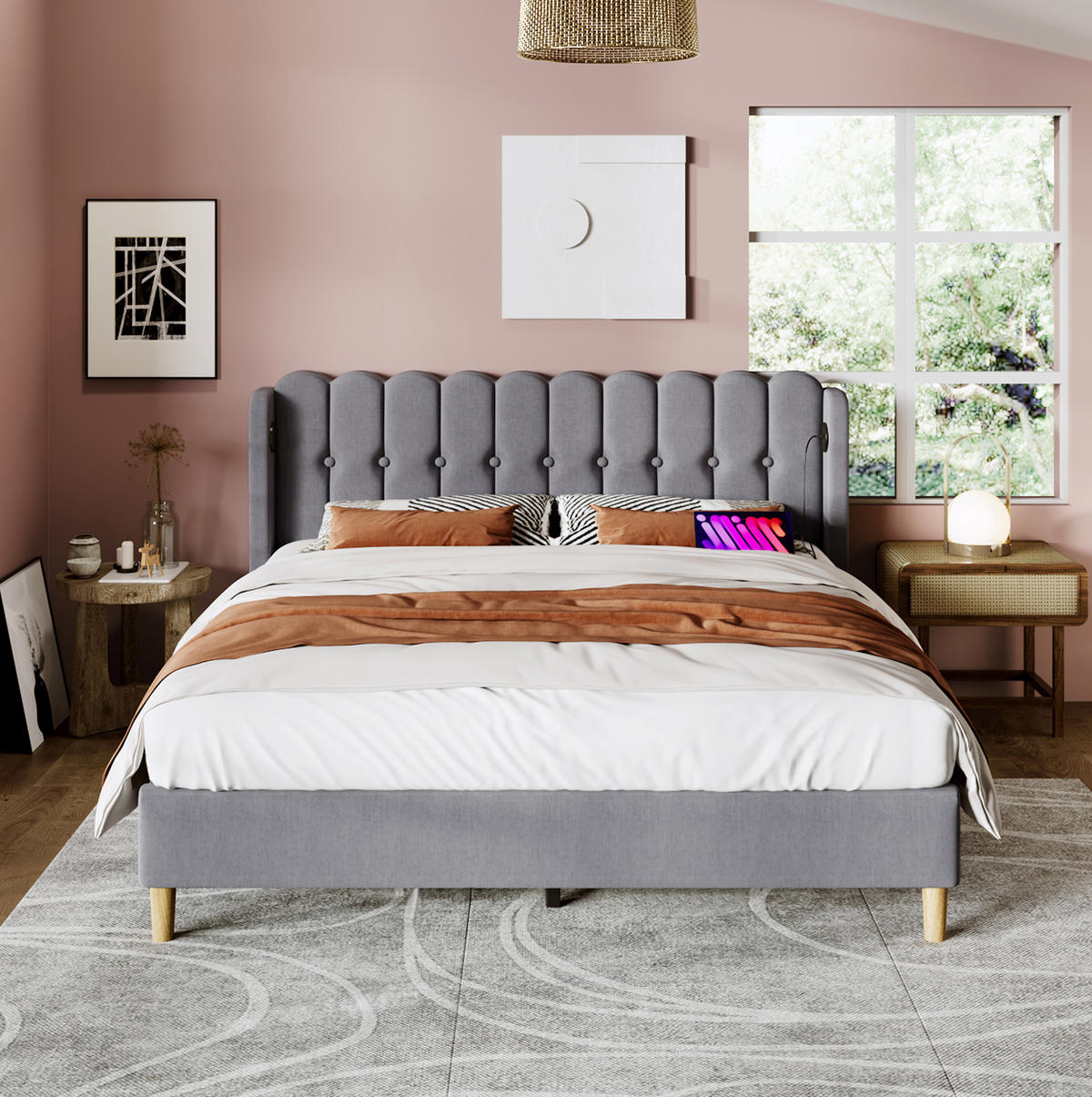 POLSTERBETT 140/200 cm Grau aus Leinen mit USB- und Typ-C-Ladefunktion - Grau, Textil (140/200cm) - OKMYHOME
