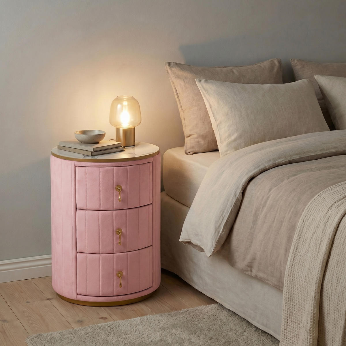 NACHTTISCH 40/52,5/40 cm Rose aus MDF, Metall und Samt mit 3 Schubladen - Rosa, Holzwerkstoff (40/52.5/40cm) - OKMYHOME