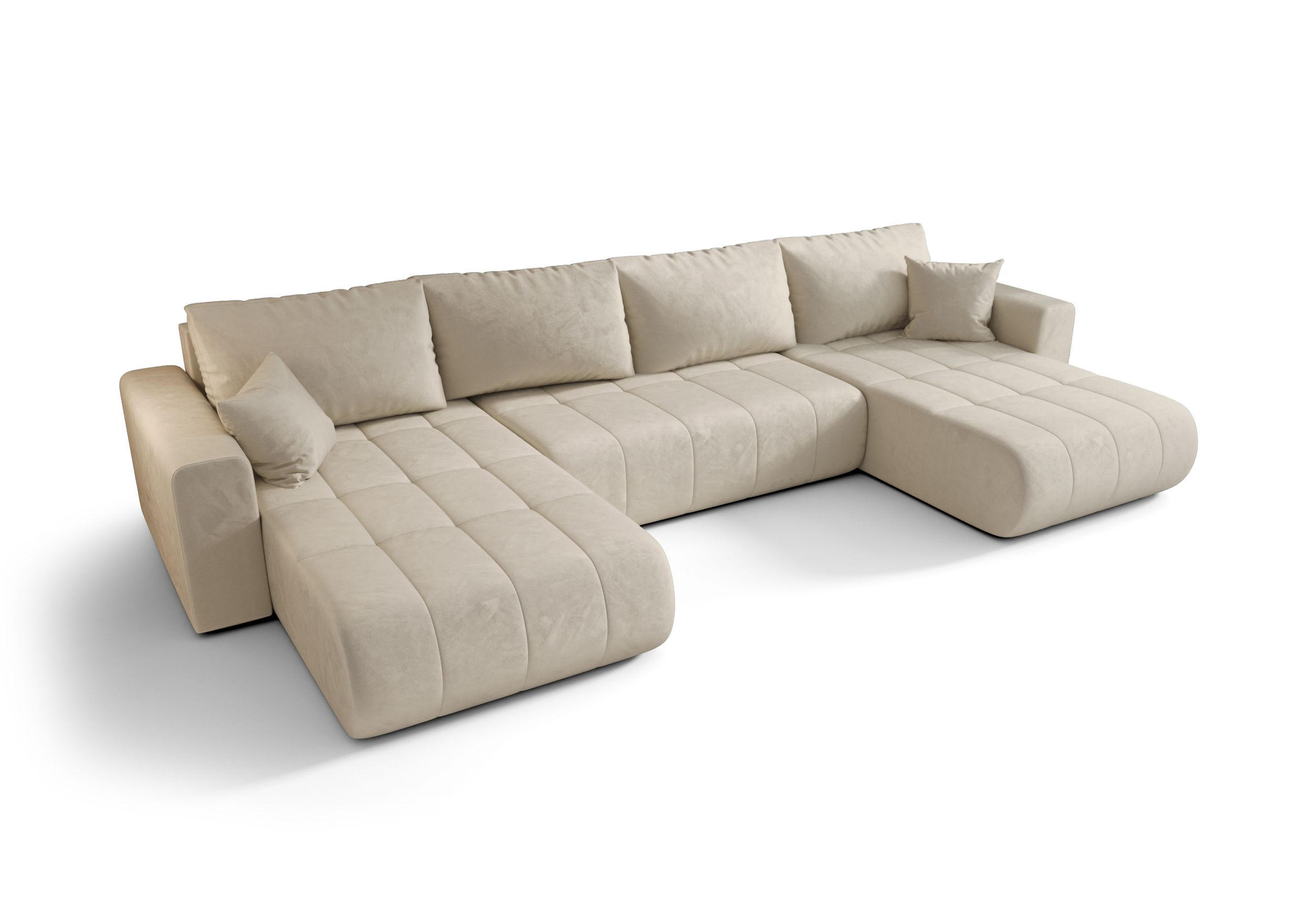 WOHNLANDSCHAFT LARA U-Form beige Velours Monolith 2 - Schlaffunktion, Bettkasten - Beige, Textil (385/85/175cm) - Cornero