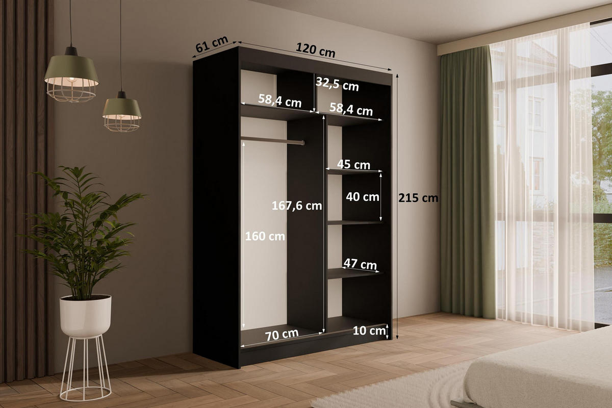 KLEIDERSCHRANK AMOHA - 120 cm - Schwarz - Schwarz, Holzwerkstoff (120/215/61cm) - ALTDECOR