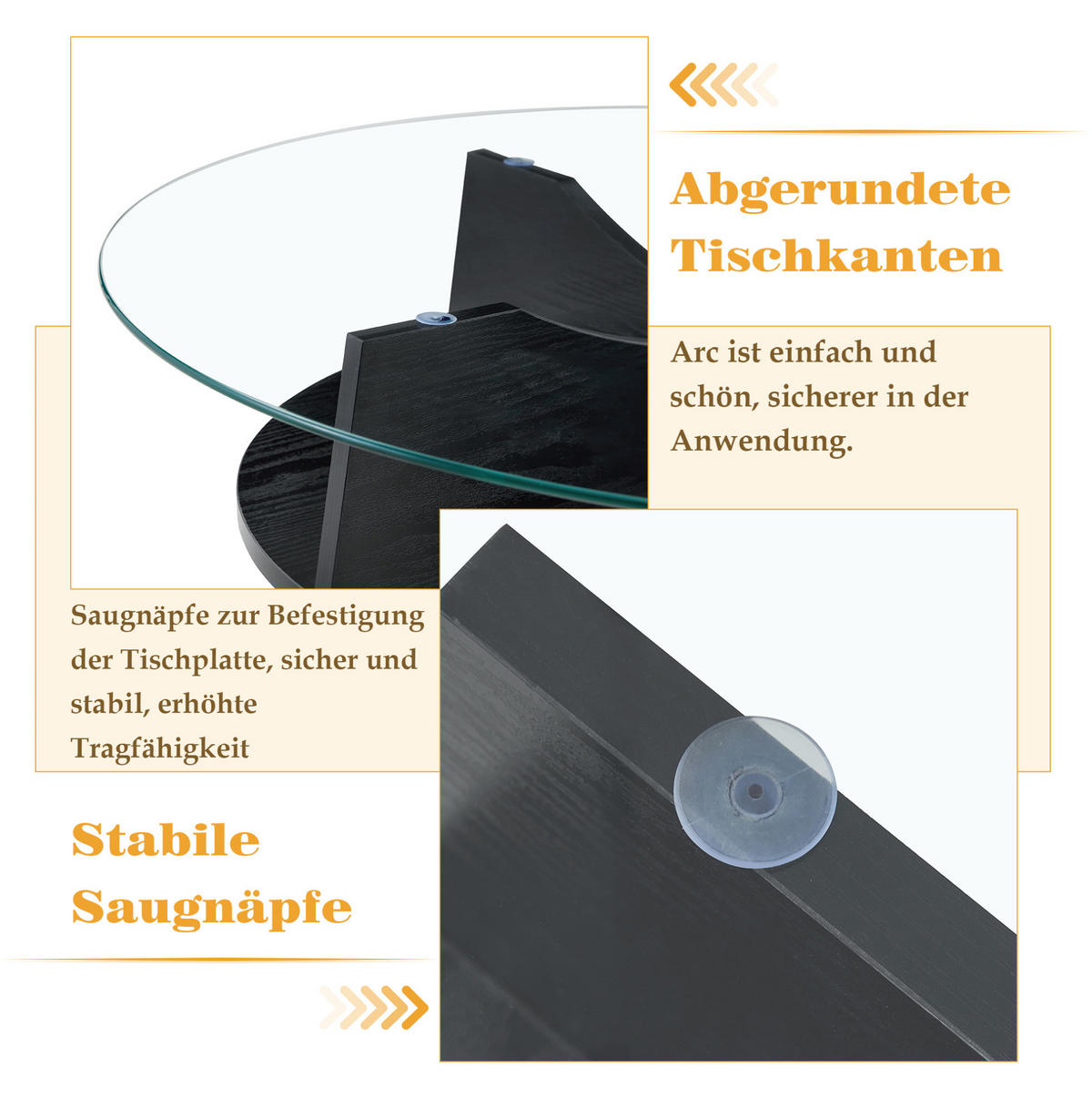 BEISTELLTISCH aus MDF und Glas 80x80x36 cm Schwarz/Transparent mit Sicherheitsglas und fächerförmigem Gestell - Schwarz, Holzwerkstoff (80/80/36cm) - Modfu