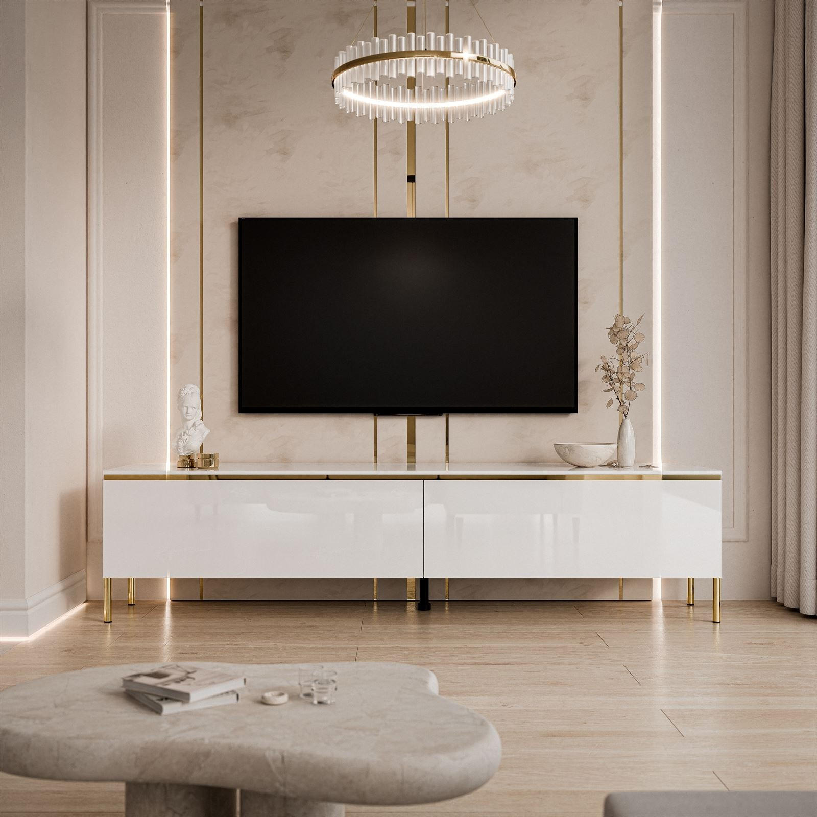 Thumbnail - Lookway Tv-Lowboard, Weiß Hochglanz, Holzwerkstoff, Uni, Rechteckig, Rundrohr, 180x46x40 cm, Wohnzimmer, Wohnwände, Lowb...