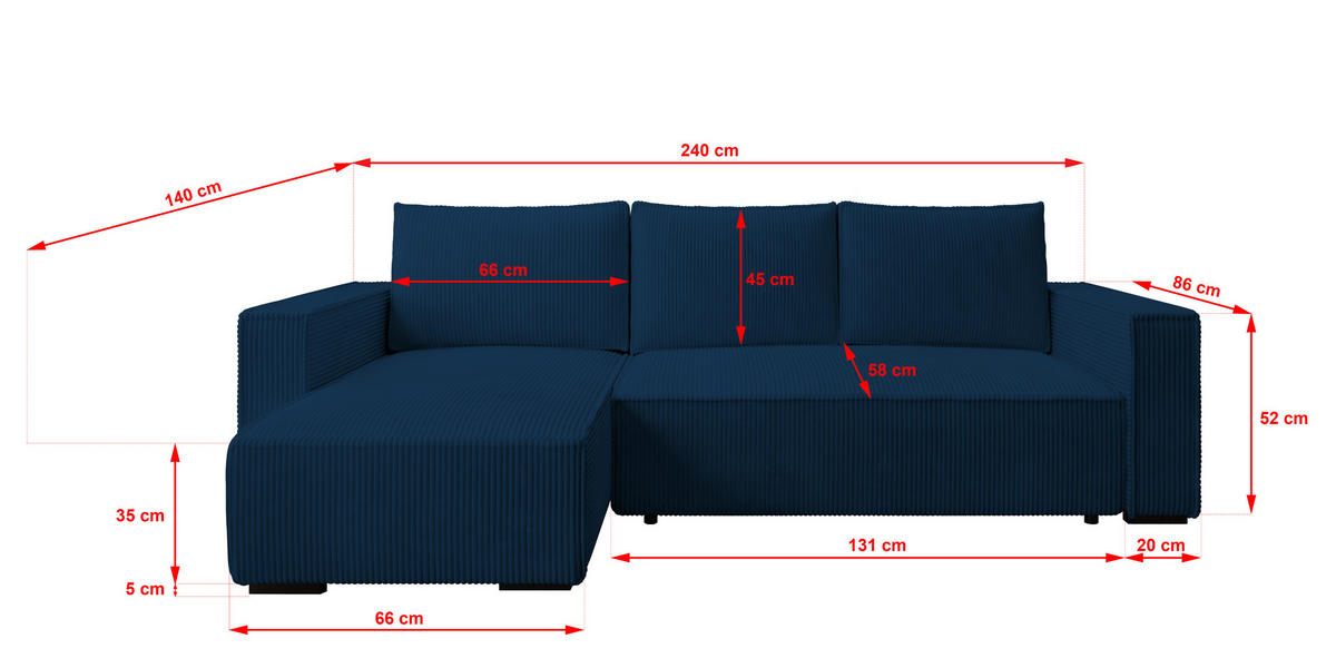 ECKSOFA CUDDY L, Eckcouch in L-Form mit Schlaffunktion und Bettkasten, Farbe: Blau, Cordstoff, Ottomane Links - Blau, Textil (240/140cm) - Storez24