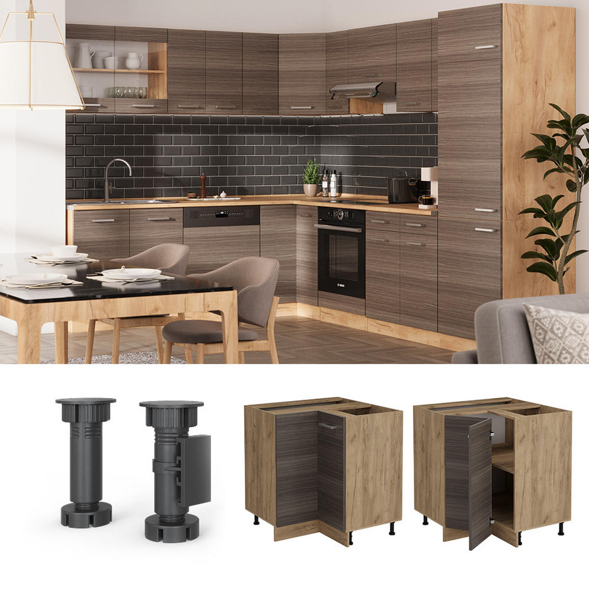 ECKUNTERSCHRANK R-Line Edelgrau 75.6 cm , AP Anthrazit - Honigeiche/Eiche Wotan, Holzwerkstoff (75.6/81.6/60cm) - Vicco