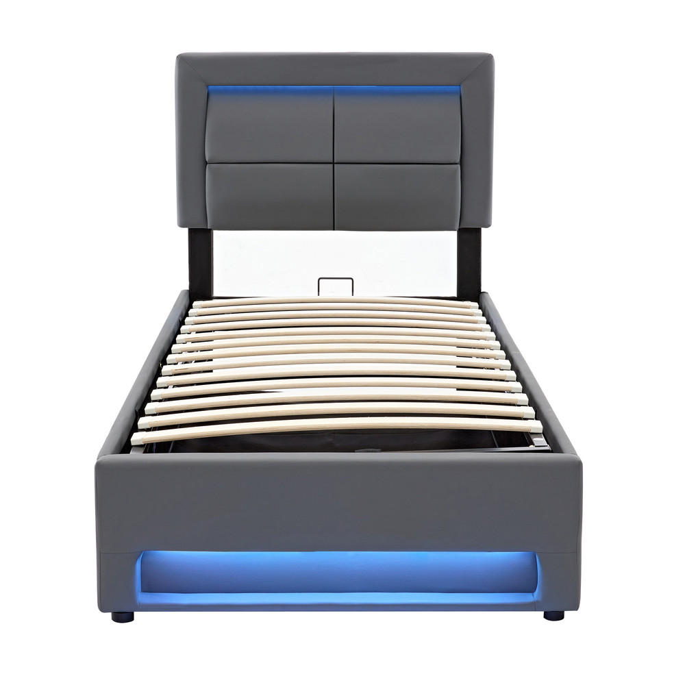 POLSTERBETT PU-Leder 90x200cm LED USB Stauraum - Schwarz, Textil - Raelunyi