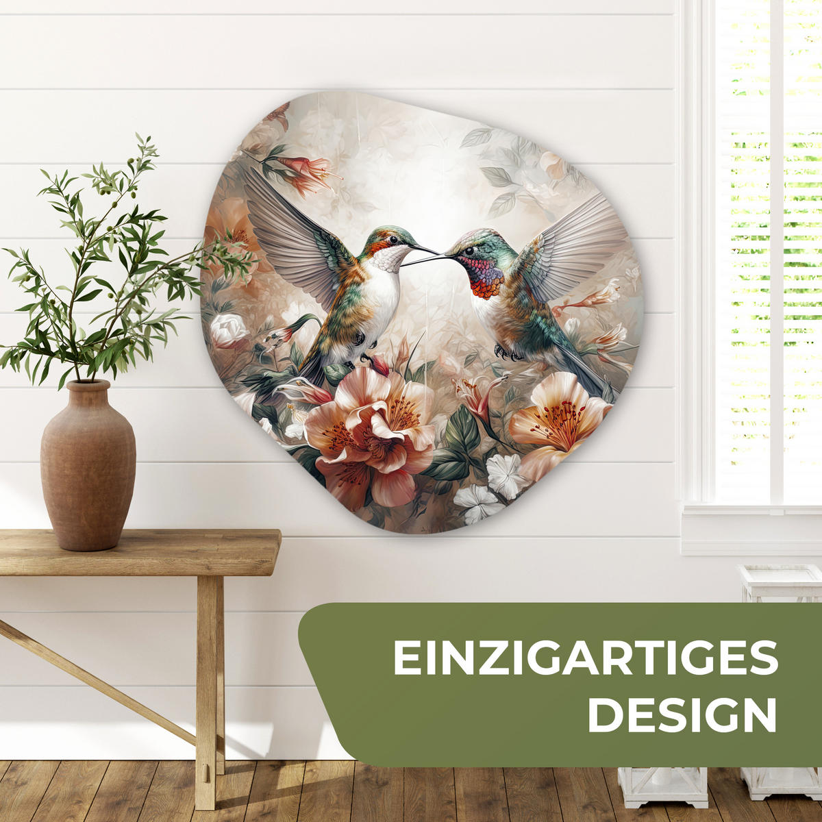 WANDBILD Kolibri - Vögel - Blumen - Natur 90x90 cm - Altrosa, Kunststoff (90/90cm) - MuchoWow