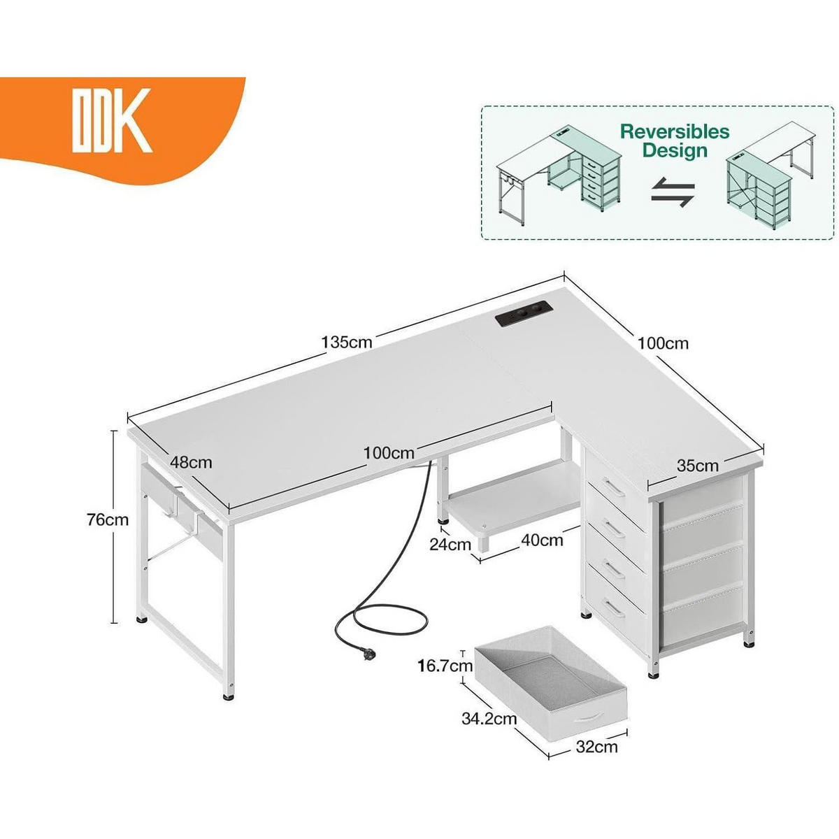 ECKSCHREIBTISCH mit Steckdose und USB-Anschluss Bianco Weiß 135 x 100 cm - Weiß, Metall (100/135/75.7cm)