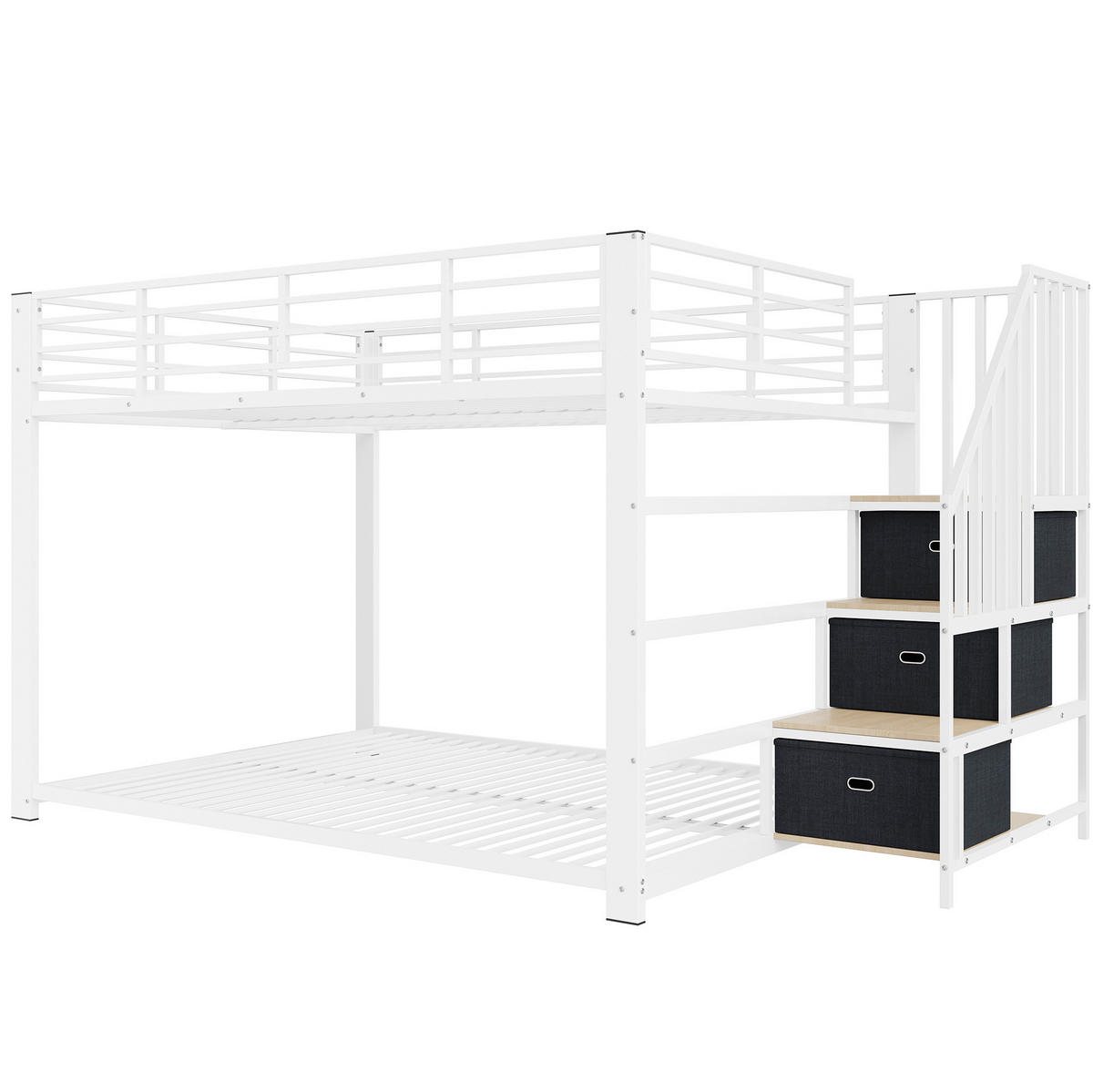 ETAGENBETT aus MDF und Metall 140x200 cm Weiß/Walnuss mit Stauraumtreppe, LED und USB-Anschlüssen - Weiß, Holzwerkstoff (140/200cm) - Modfu