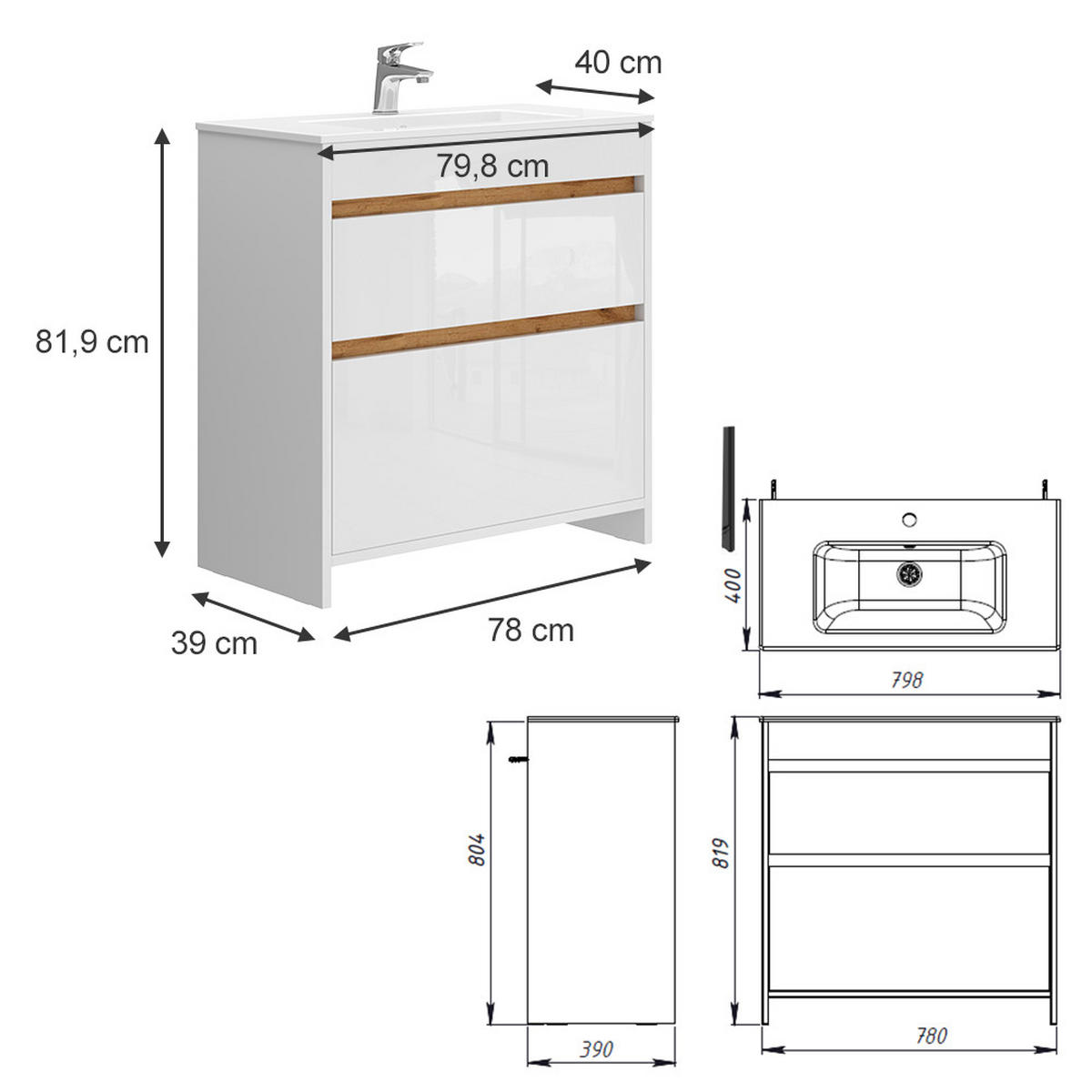 WASCHTISCHKOMBI Detmold, Weiß, 2 Teile, Unterschrank 80 cm - Weiß Hochglanz/Eiche Wotan, Holzwerkstoff (79.8/81.9/40cm) - Vicco
