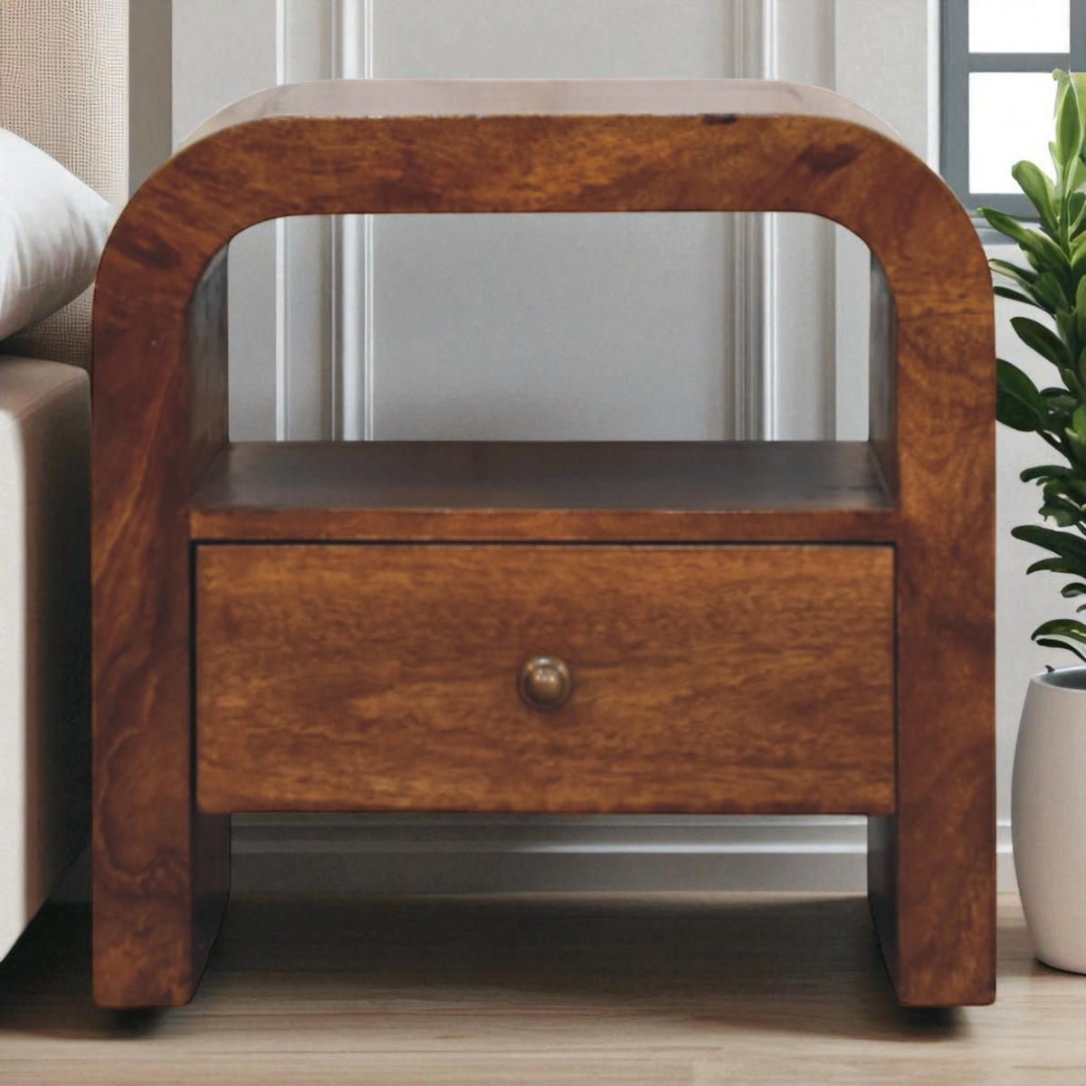NACHTTISCH Massivholz Darcy Kastanienbraun, 1 Schublade und Offenes Regal - Dunkelbraun/Messingfarben, Mangoholz/Holz (45/45/35cm) - Artisan Furniture