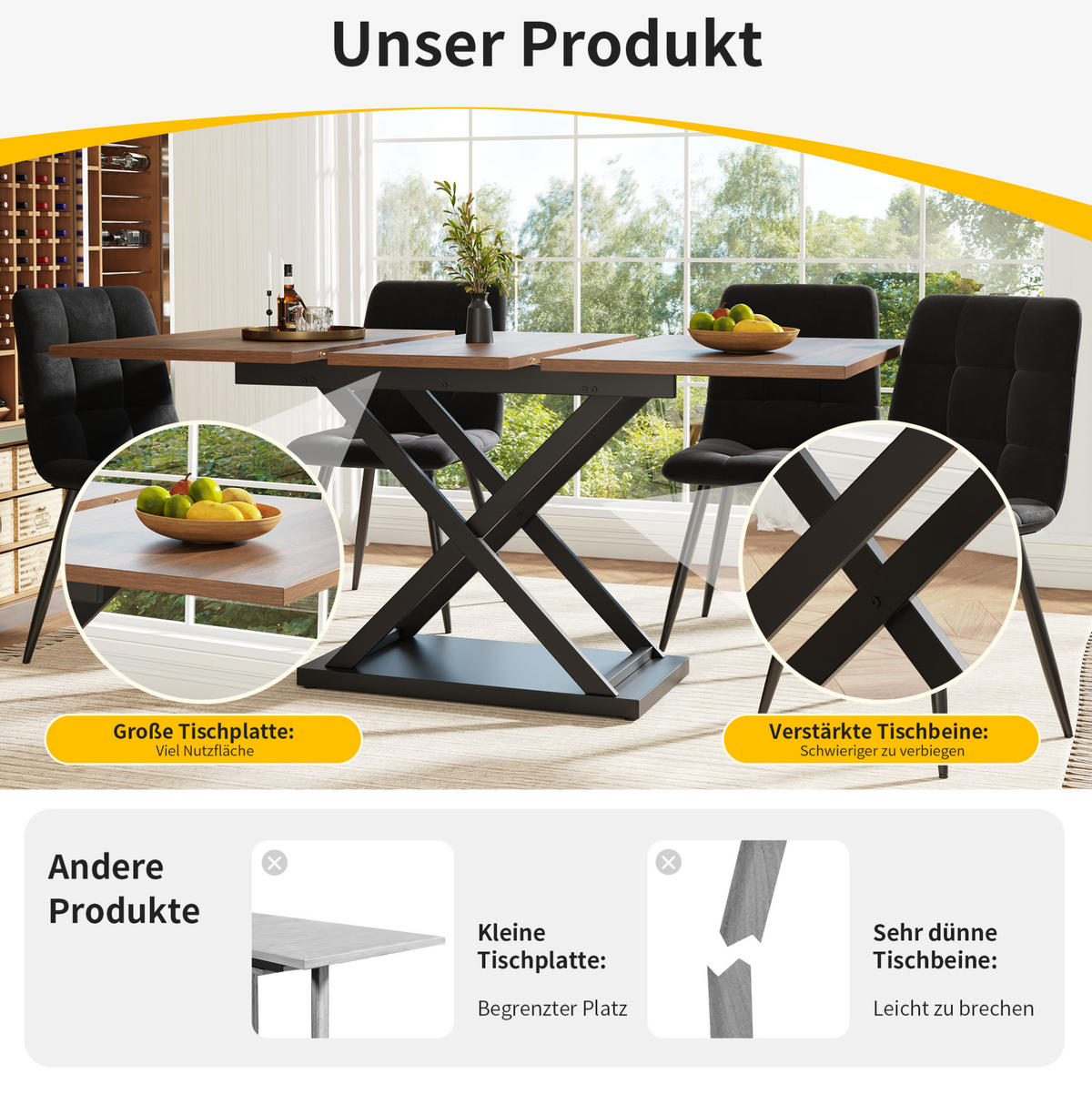 ROZKLÁDACÍ jídelní stůl 120-160/80/75 cm s teleskopickým rozkladem, křížovými kovovými nohami a odolnou deskou, Ořechová/černá - barva vlašského ořechu, kompozitní dřevo (120/80/75cm) - Redom