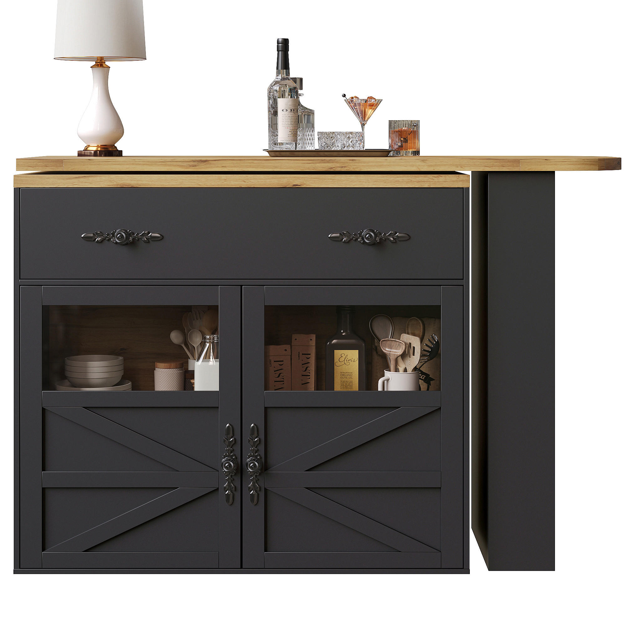 SIDEBOARD 138-204 cm, 360° drehbar, Regale, Schwarz - Schwarz, Holz (204/104/39cm)