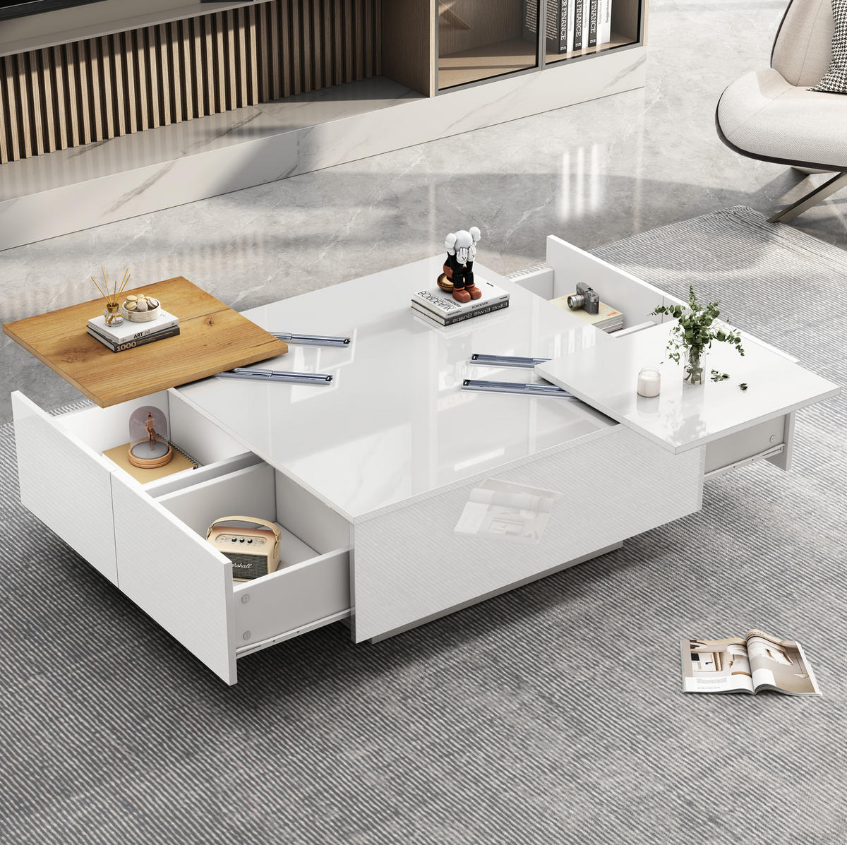 COUCHTISCH aus Spanplatte 75x75x33,5 cm Weiß Hochglanz mit 4 Schubladen und verschiebbaren Tischplatten - Weiß, Holzwerkstoff (75/75/33cm) - IVMEU