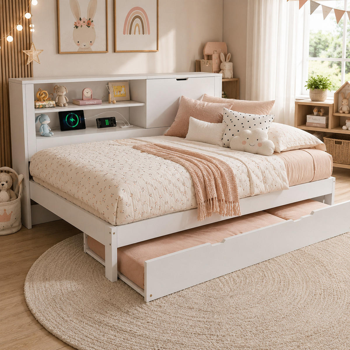 JUGENDBETT 140/190 mit Ausziehbett, Stauraum und USB in Weiß - Weiß, Holzwerkstoff (140/190cm) - EVRYAE