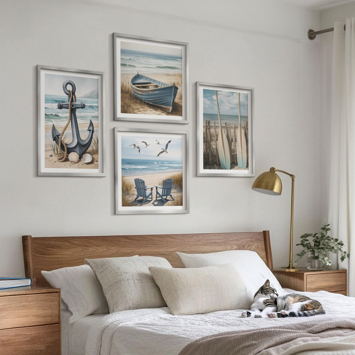 BILDER SET 4er Set - 50x50 cm & 40x60 cm Silberner Rahmen - Anker, Boot, Ruder, Strand - Silberfarben, Kunststoff (50/50cm) - TULUP