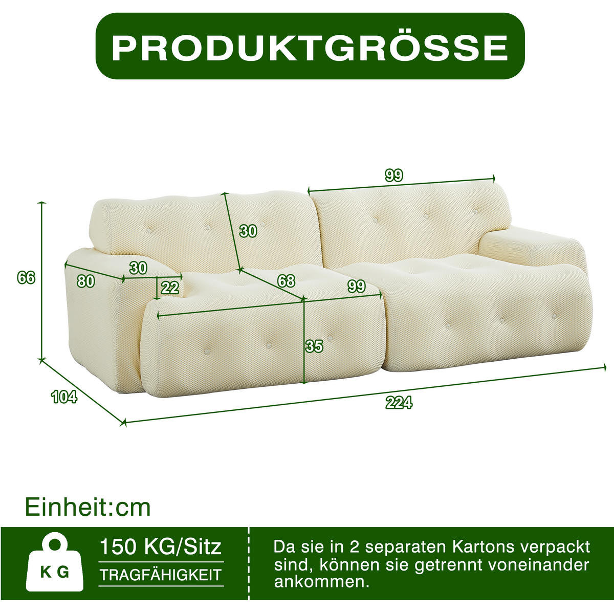 2-SITZER SOFA Beige mit Armlehnen und Knopfverzierung - Beige, Textil (224/66/104cm) - WISHDOR
