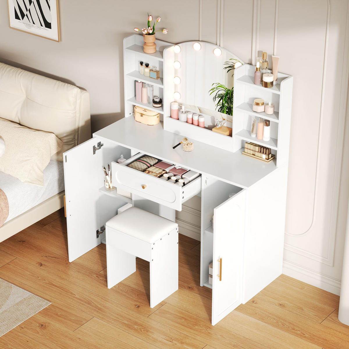 GROSSER Schminktisch mit LED-Spiegel, dimmbar, inkl. Hocker, 1 Schublade & 2 Türen, modern, Weiß, 110x40x132 cm - Weiß, Holz (40/132/110cm) - Ej. Life