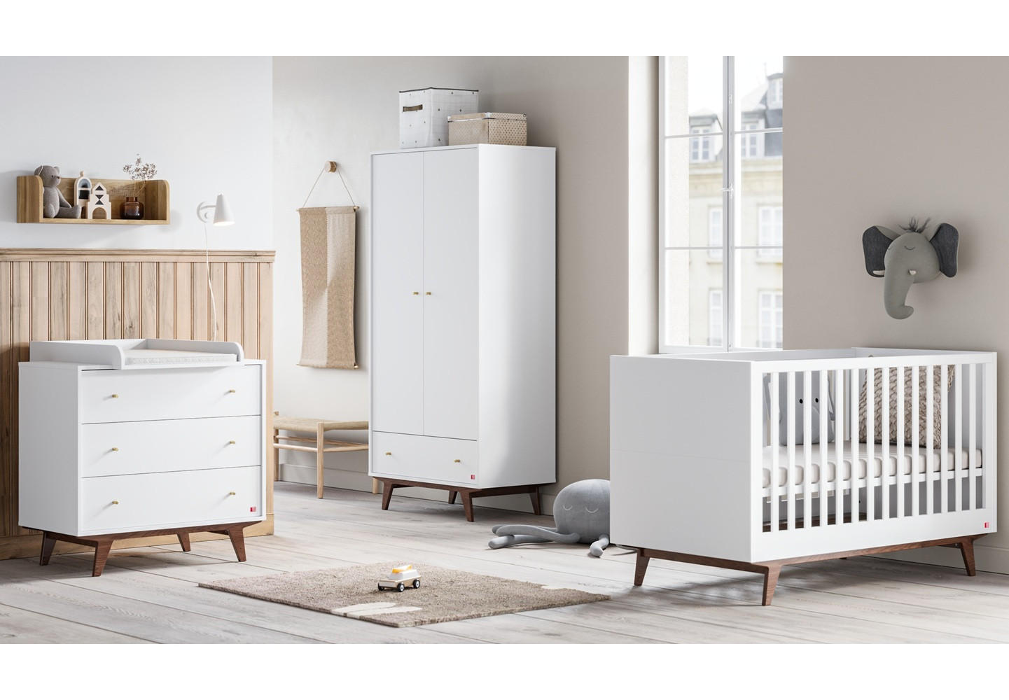 BABYZIMMER Set Maddy 4-teilig - Weiß-Walnuss - Goldfarben/Walnussfarben, Holzwerkstoff/Metall (90/50/195cm) - QMM TraumMöbel