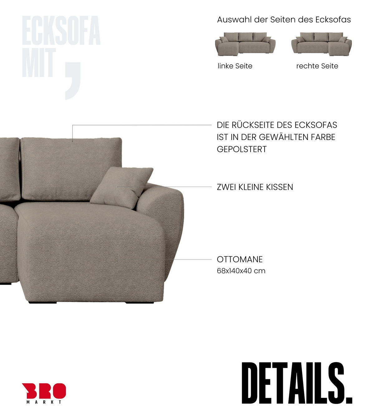 ECKSOFA Rotterdam mit Schlaffunktion Braun Bouclé - Graubraun, Textil (238/141cm) - Bromarkt