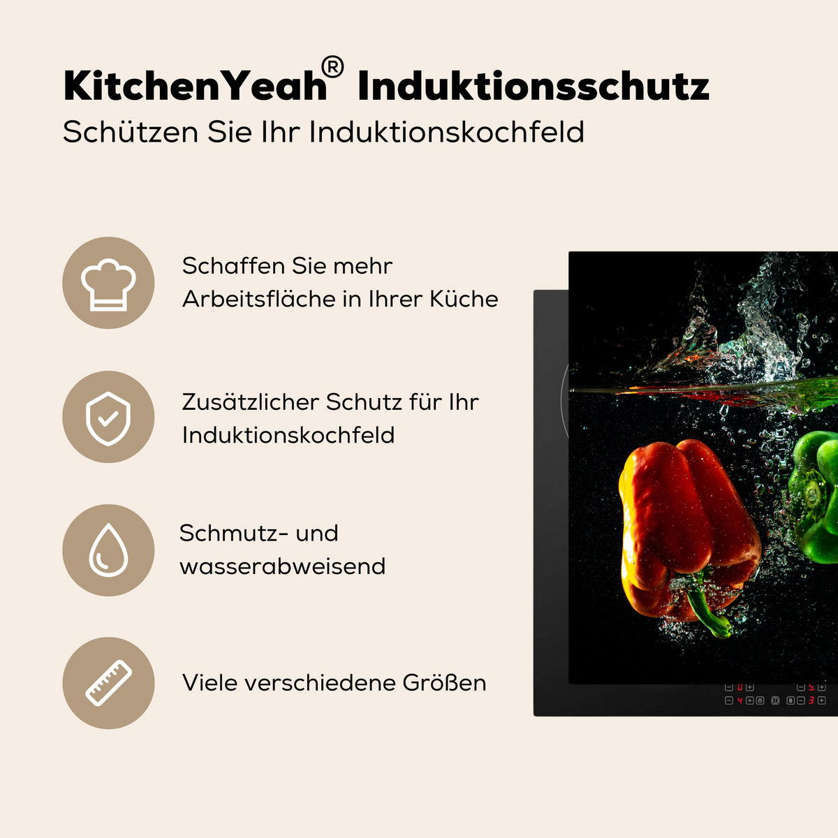 HERDABDECKPLATTE Paprika - Gemüse - Wasser - Schwarz - Rot - Grün - Gelb Induktionsmatte 77x59 cm - Multicolor, Kunststoff (77/59/0.2cm) - MuchoWow