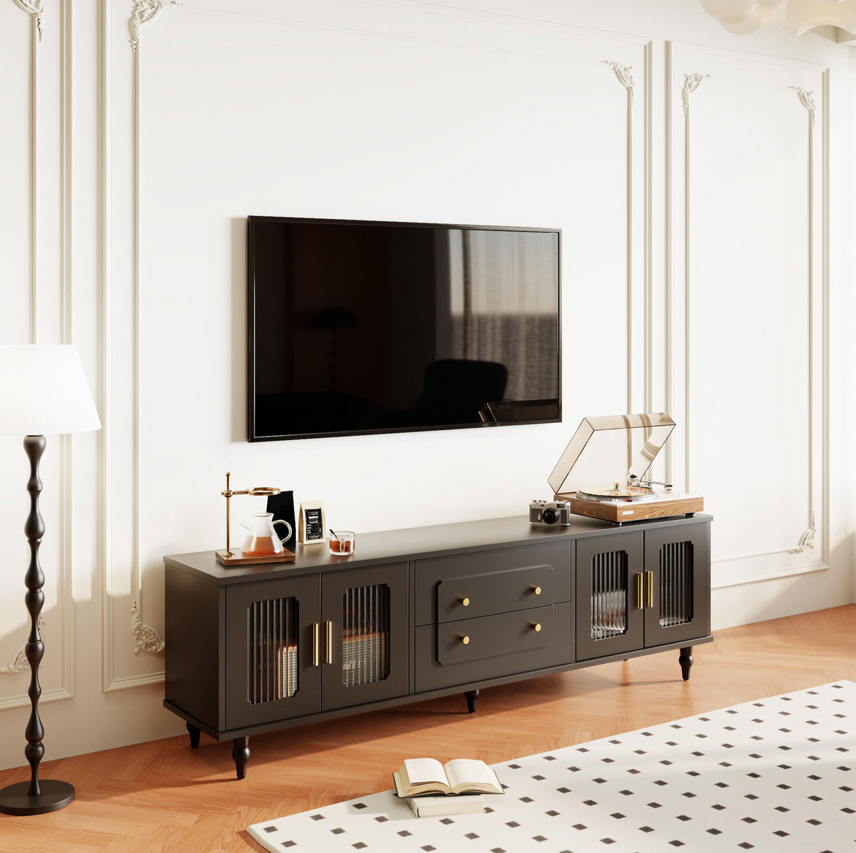 TV-MÖBEL mit Glastüren und Schubladen 177 x 38 x 55,5 cm Schwarz - Schwarz, Holzwerkstoff (38/55.5/175cm) - Beauniv