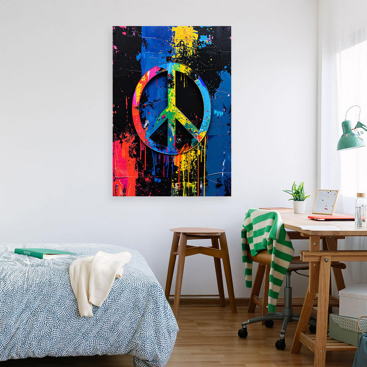 LEINWANDBILD Banksy Friedenssymbol Graffiti Street Art 80x120cm - Multicolor, Textil (80/120cm) - Feeby