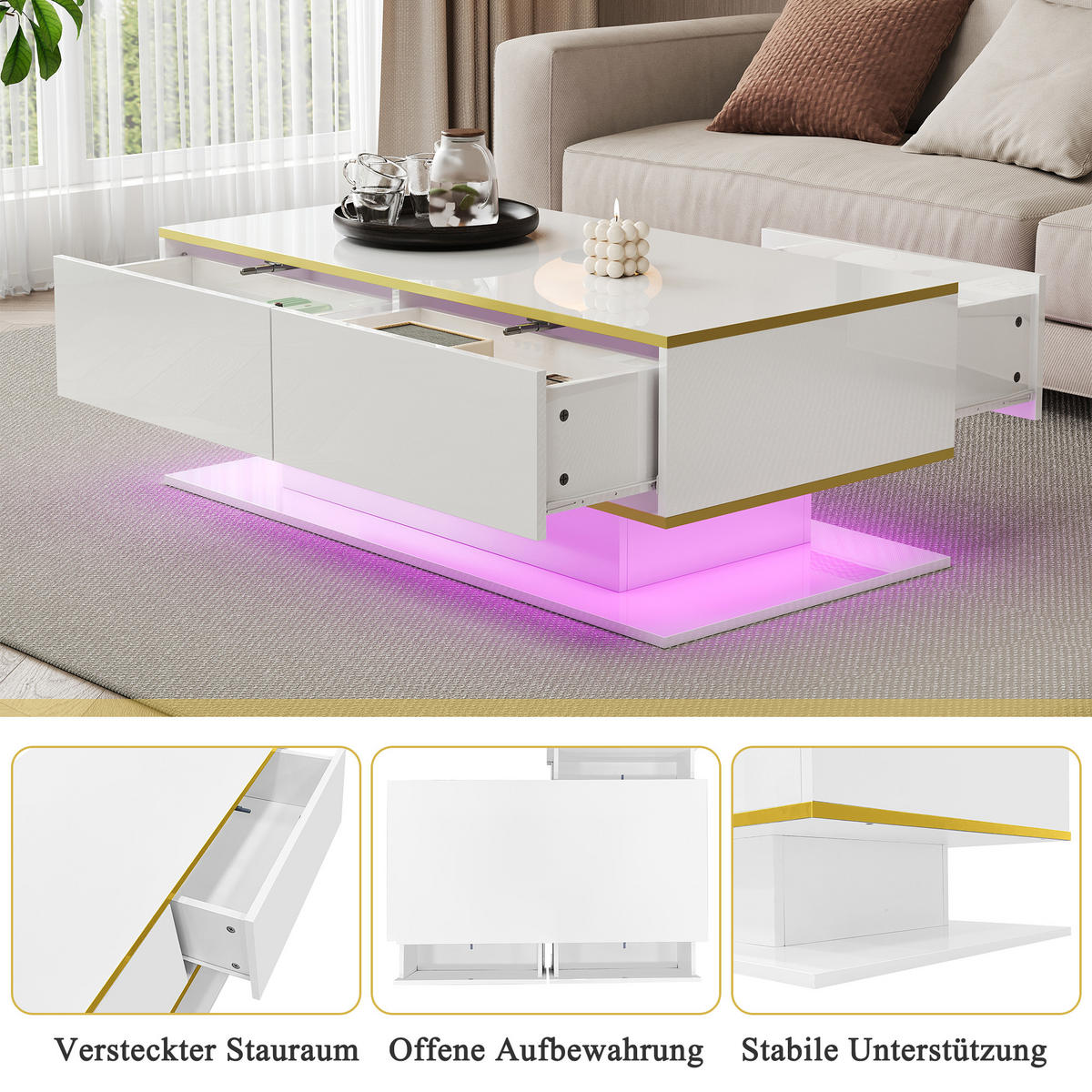 COUCHTISCH 100/50/40 cm Weiß Gold mit LED-Beleuchtung und 3 Schubladen Hochglanz - Weiß, Holzwerkstoff (100/50/40cm) - OKWISH