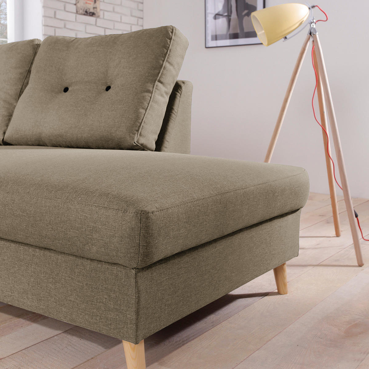 ECKSOFA mit Ottomane - Webstoff - Hellbraun/Cappuccino, Holz/Textil (230/200cm) - home24