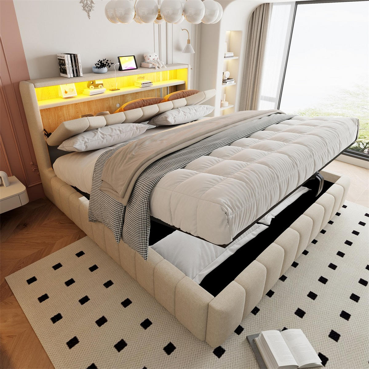 POLSTERBETT 180x200 cm mit hydraulischem Stauraum - klappbarem Kopfteil, LED & USB - Beige - ohne Matratze - Beige, Textil (180/200cm) - DELFA