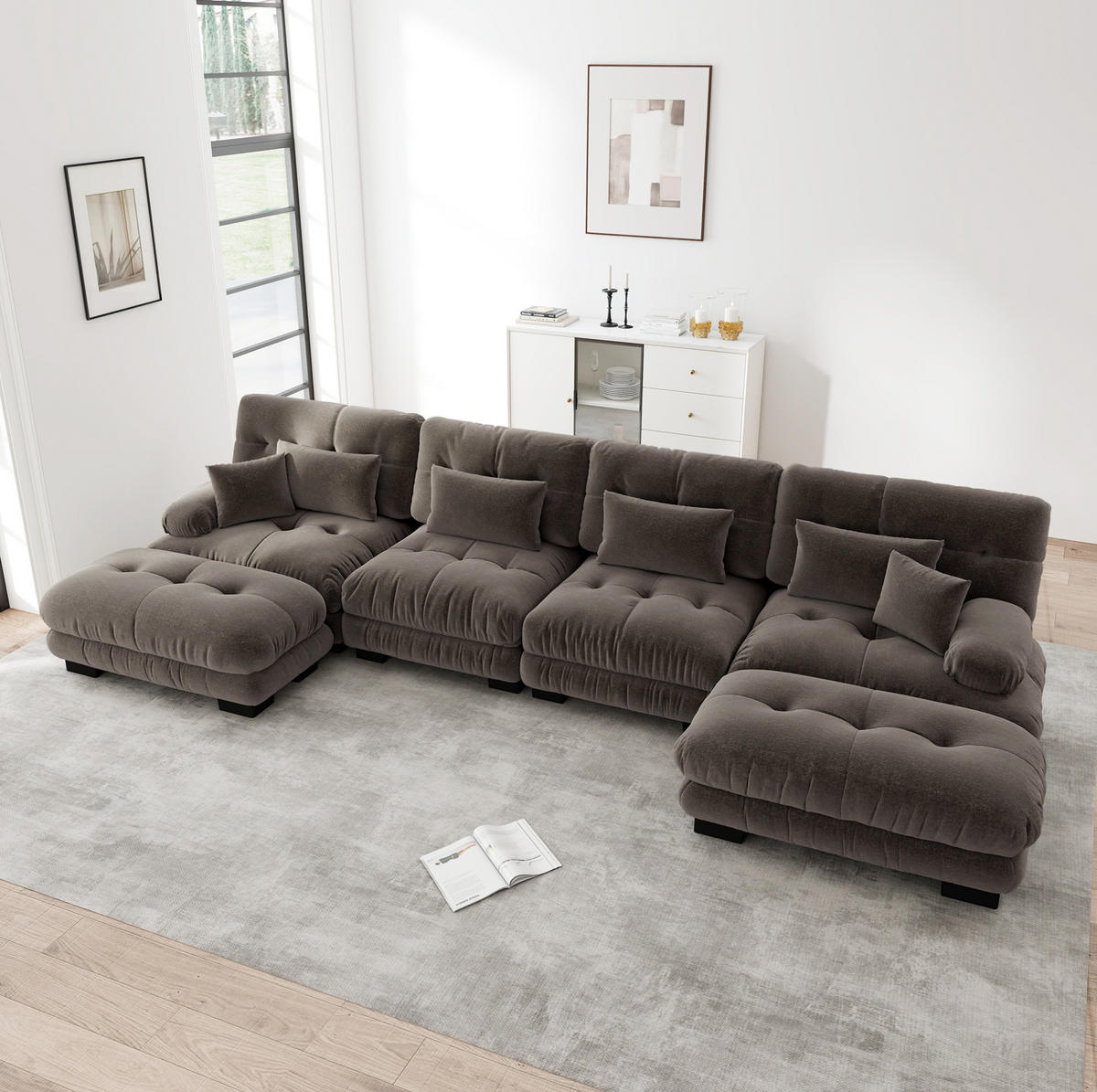 WOHNLANDSCHAFT aus Chenille in Braun mit beweglichen Ottomans - Braun, Textil (145/81/406cm) - Modfu
