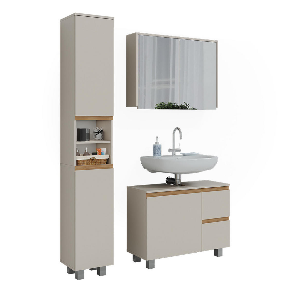 BADMÖBEL-SET J-Shape Cashmere/Artisan 3 Teile - Kaschmir/Hellgrau, Holzwerkstoff (80/60.8/33cm) - Vicco