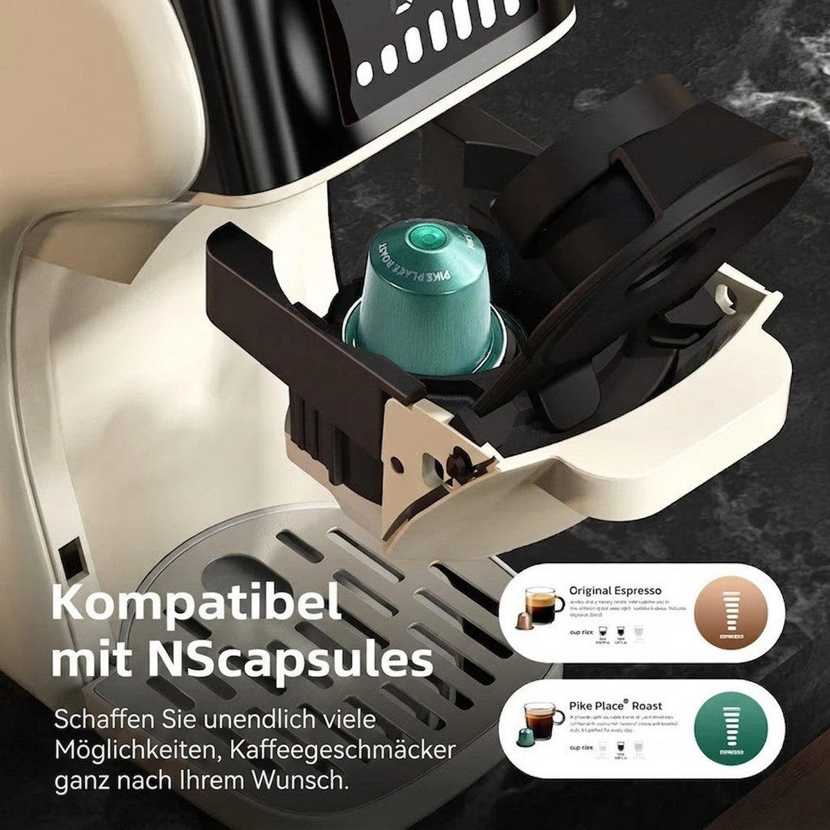 FILTERKAFFEEMASCHINE 6-in-1 20 Bar Edelstahlfilter Espresso-Extraktion - Beige, Metall (11/26/26cm) - BEXEVUE