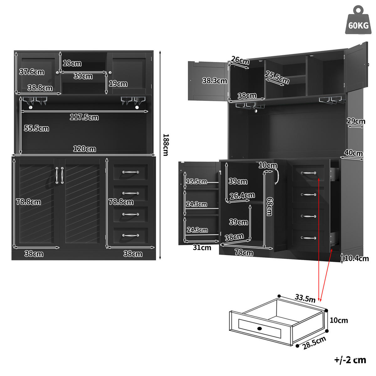 BUFFETSCHRANK 120/40/188 cm schwarz aus MDF mit LED-Beleuchtung - Schwarz, Holzwerkstoff (120/188/40cm) - OKWISH