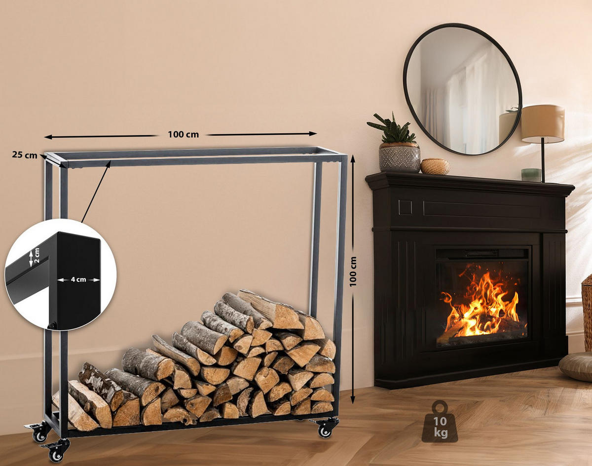 KAMINHOLZREGAL innen Metall BETTA mit Rollen 25x100x100 cm - Schwarz, Metall (100/100/25cm) - DELUKE