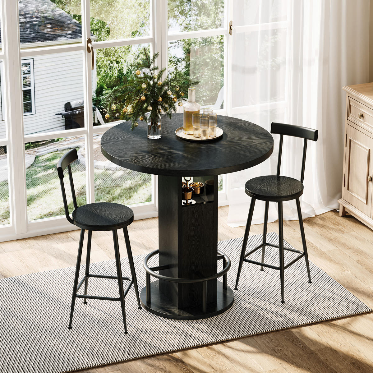BARTISCH-SET DE-39330 3-teilig, rund, mit 2 Hockern Schwarz - Schwarz, Holzwerkstoff (80/91.5/80cm) - ComfortXL