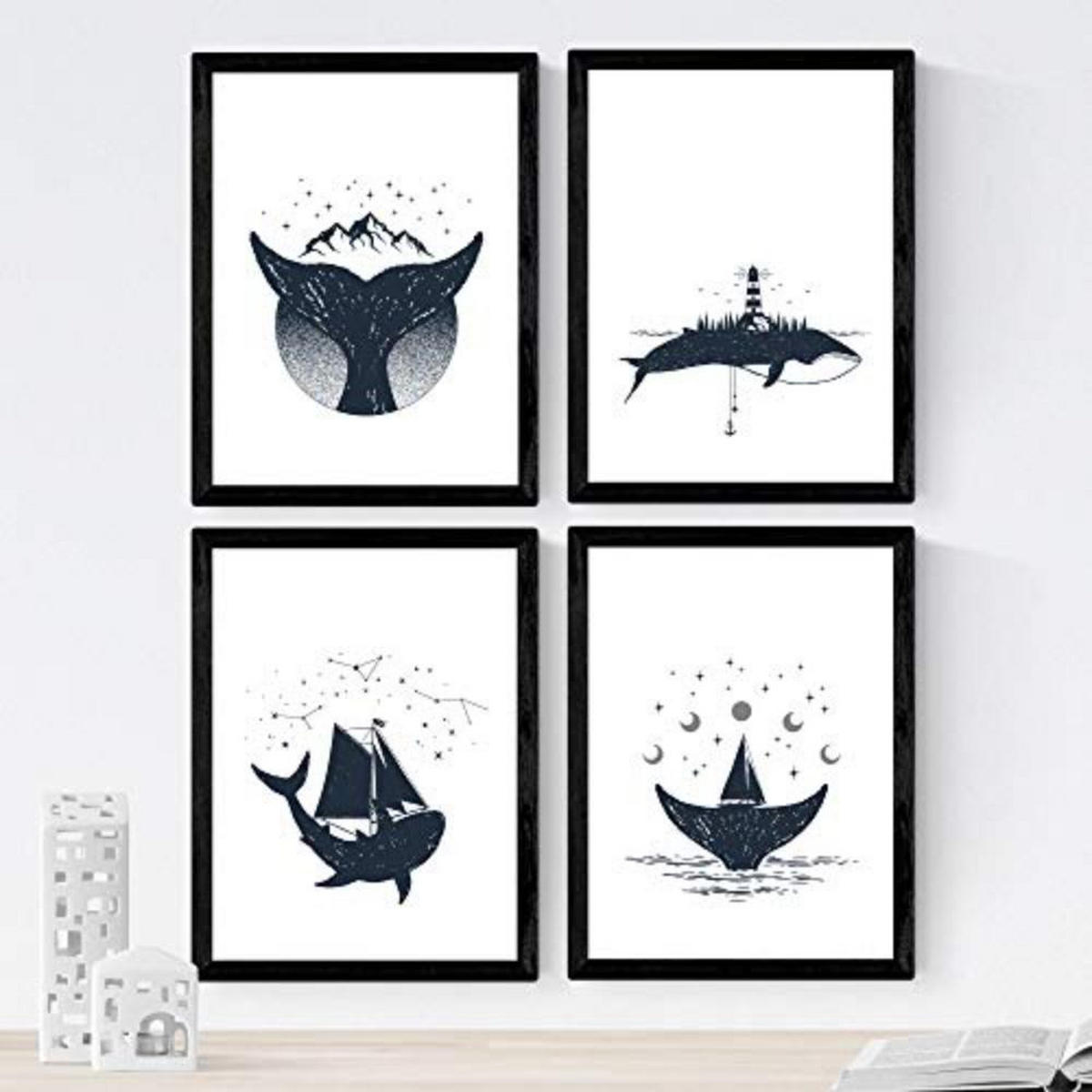 POSTER Set mit 4 Natur im nordischen Stil Wale in blauweiß A3 Rahmenlos - Klar, Papier (29.7/3cm) - Nacnic