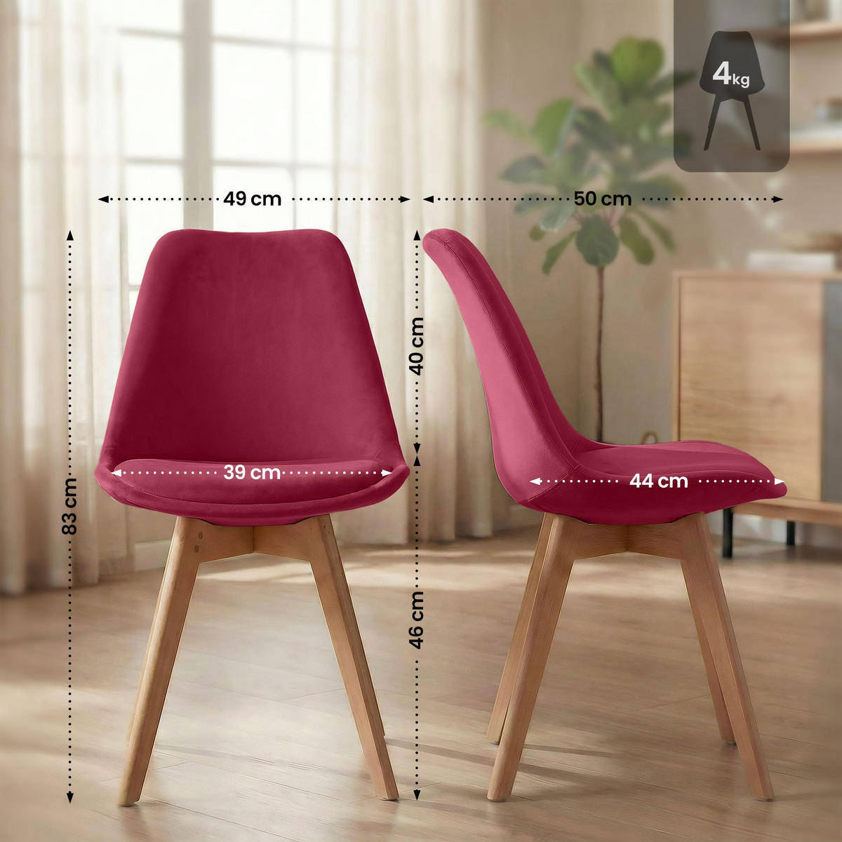 STUHL 4 Samt Rot - Eukalyptusholzfarben/Rot, Holz/Textil (49/83/50cm) - CLP