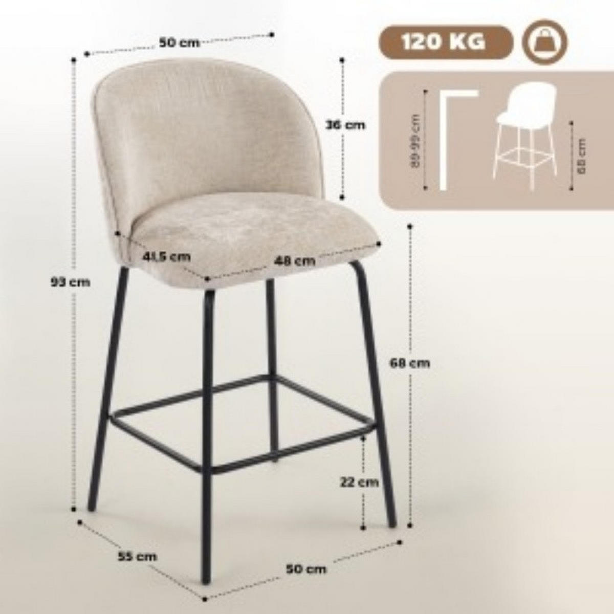 BARHOCKER 2er-Set mit Rückenlehne 48 cm Polyester Beige - Beige, Metall (50/93/55cm) - Meubliv
