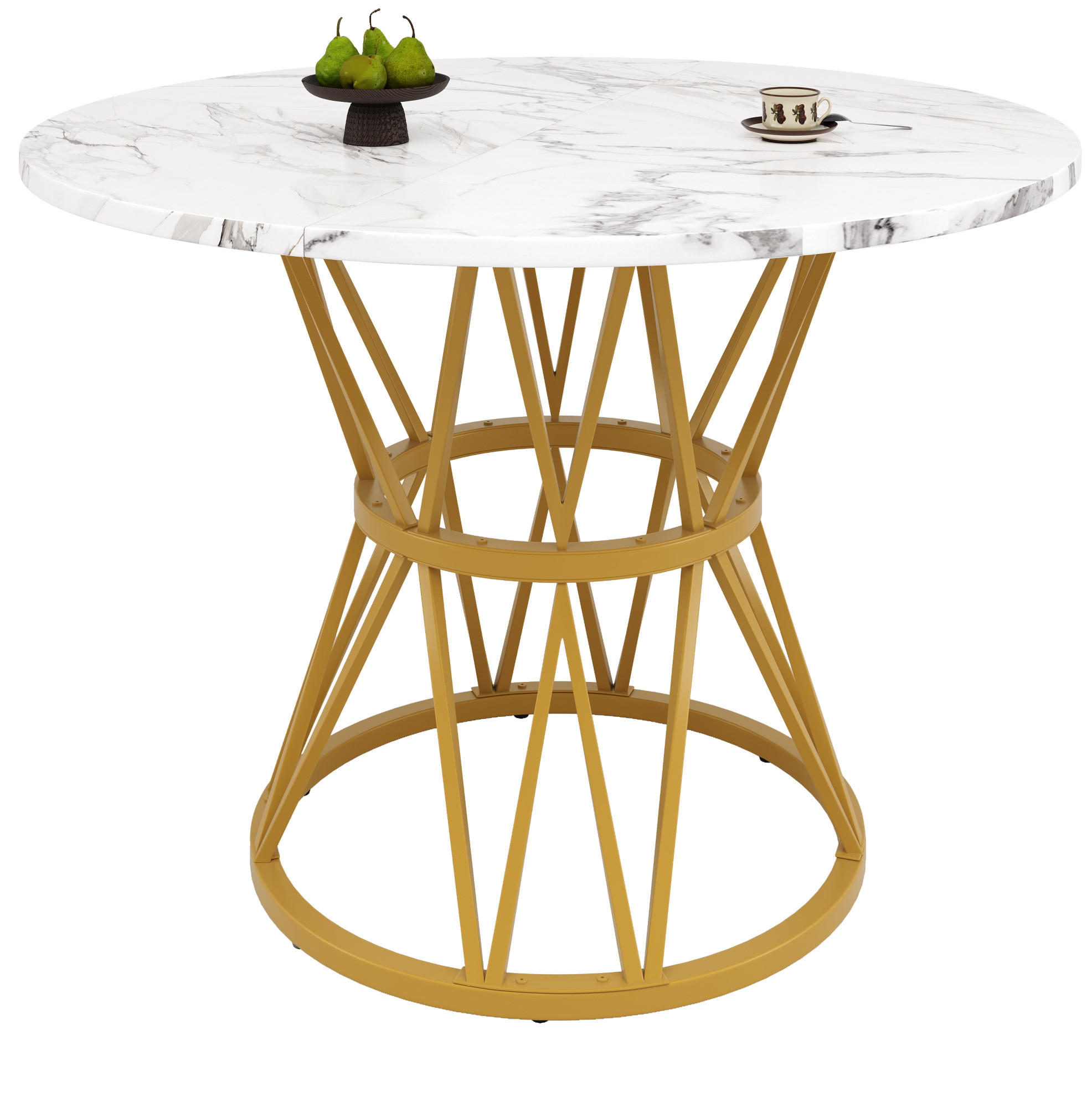 Redom JÍDELNÍ stůl 100/100/76 cm s kulatou deskou z MDF v dekoru mramoru a nastavitelnými nožkami, Zlatá