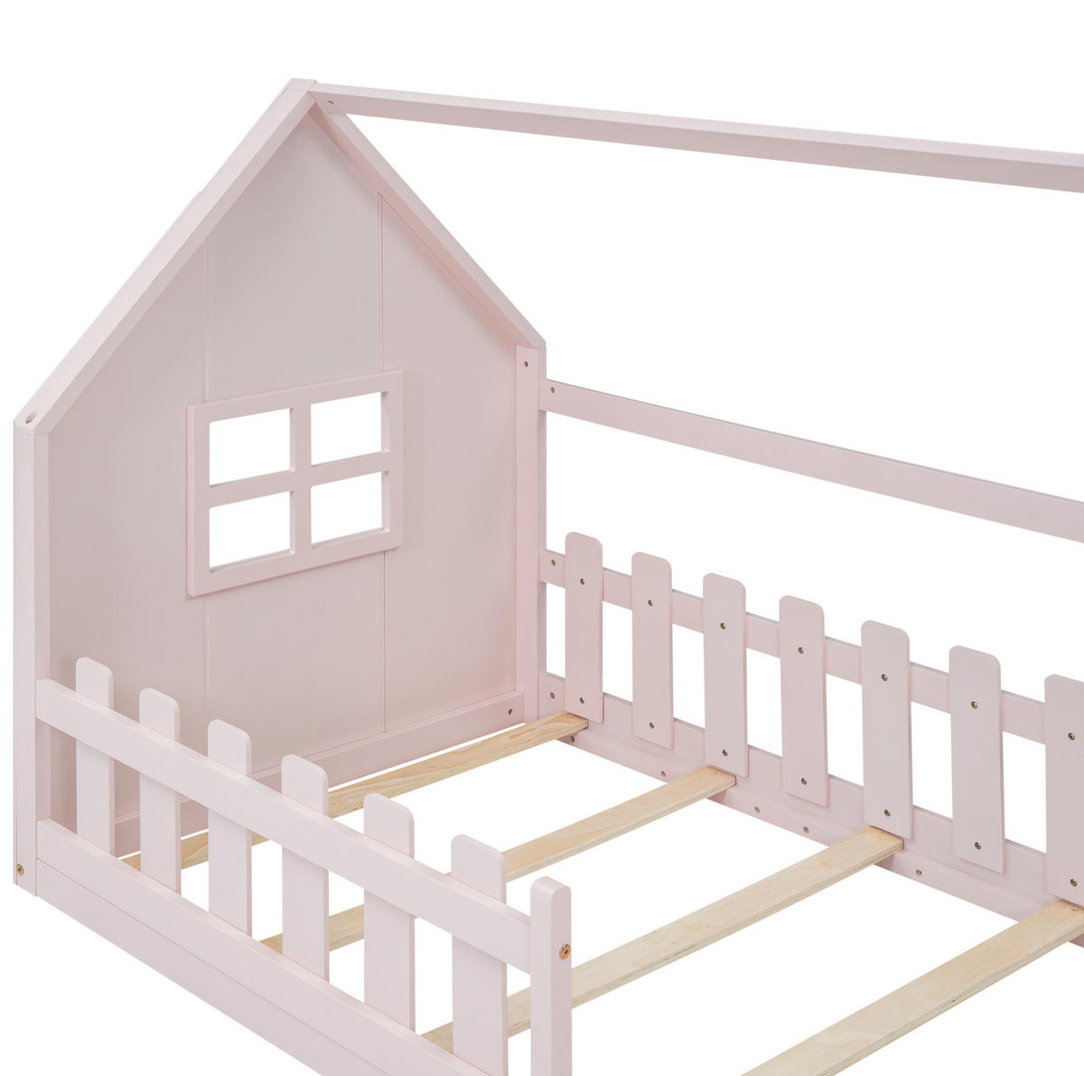 HAUSBETT aus Kiefer und MDF 90x200 cm Rosa in Hausform, bodennahes Design - Rosa, Holzwerkstoff (90/200cm) - Modfu