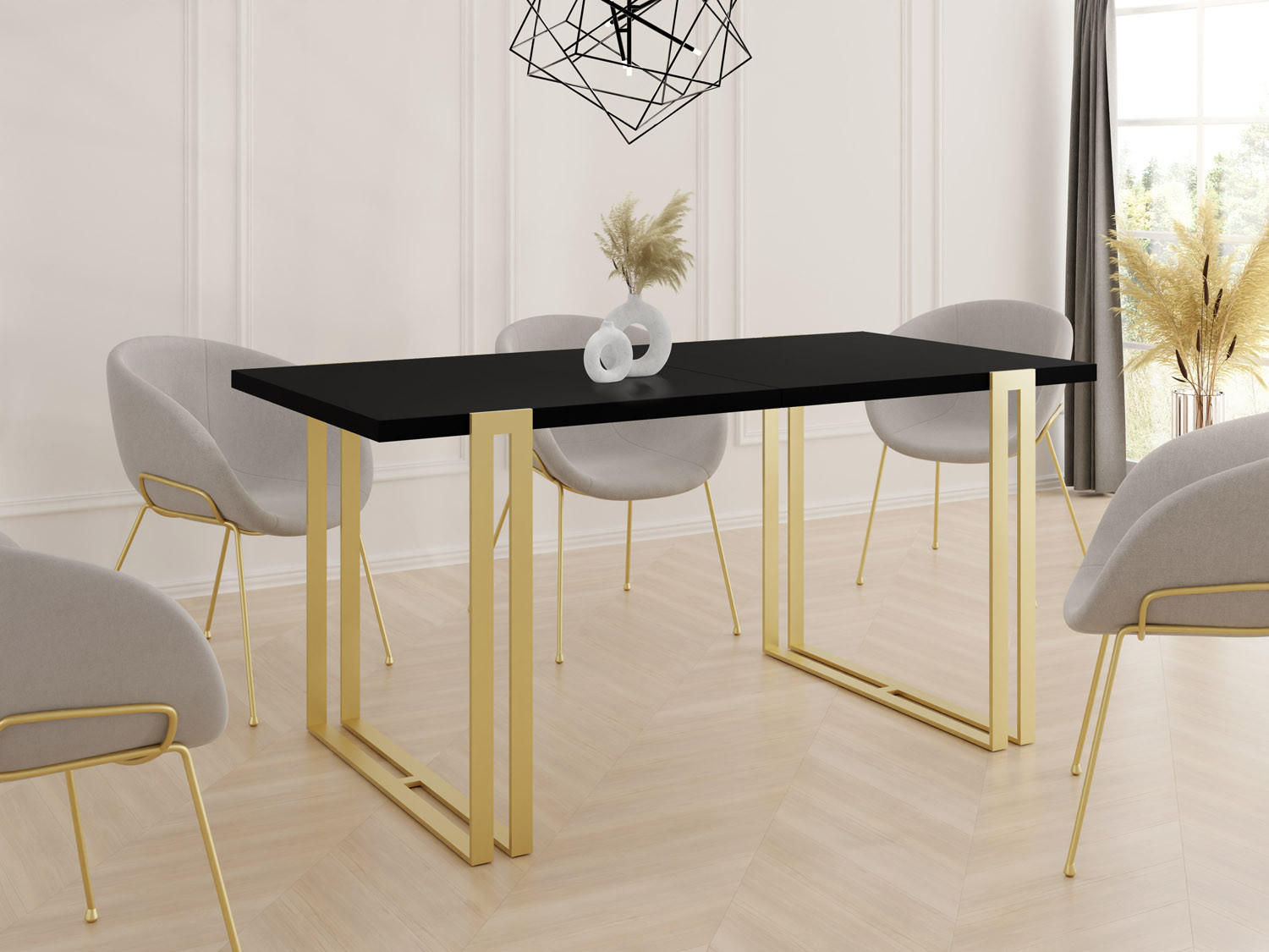 ESSTISCH Stella rechteckig ausziehbar, Schwarz 160-260/90/76 cm - Goldfarben/Schwarz, Holzwerkstoff/Metall (160/90/76cm) - WFL GROUP