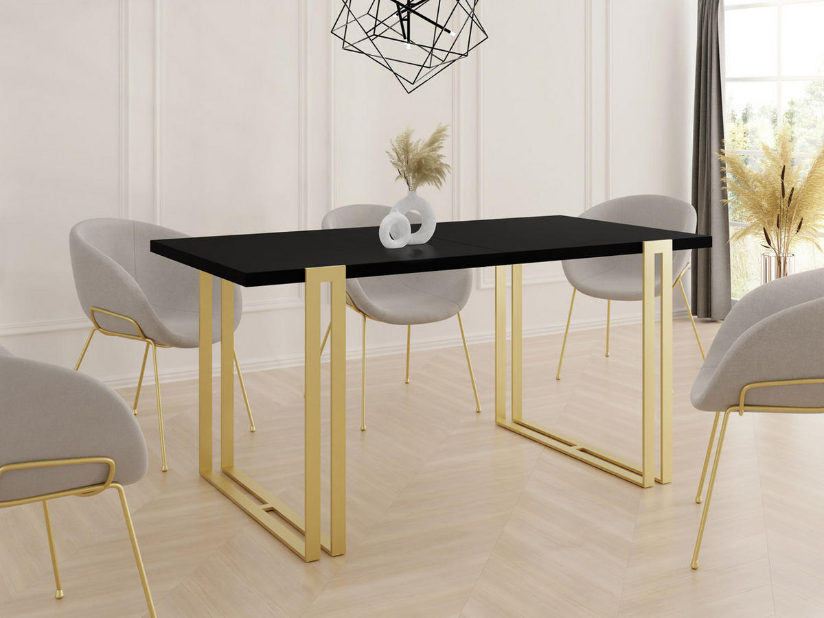 ESSTISCH Stella rechteckig ausziehbar, Schwarz 140-260/80/76 cm - Goldfarben/Schwarz, Holzwerkstoff/Metall (140/80/76cm) - WFL GROUP