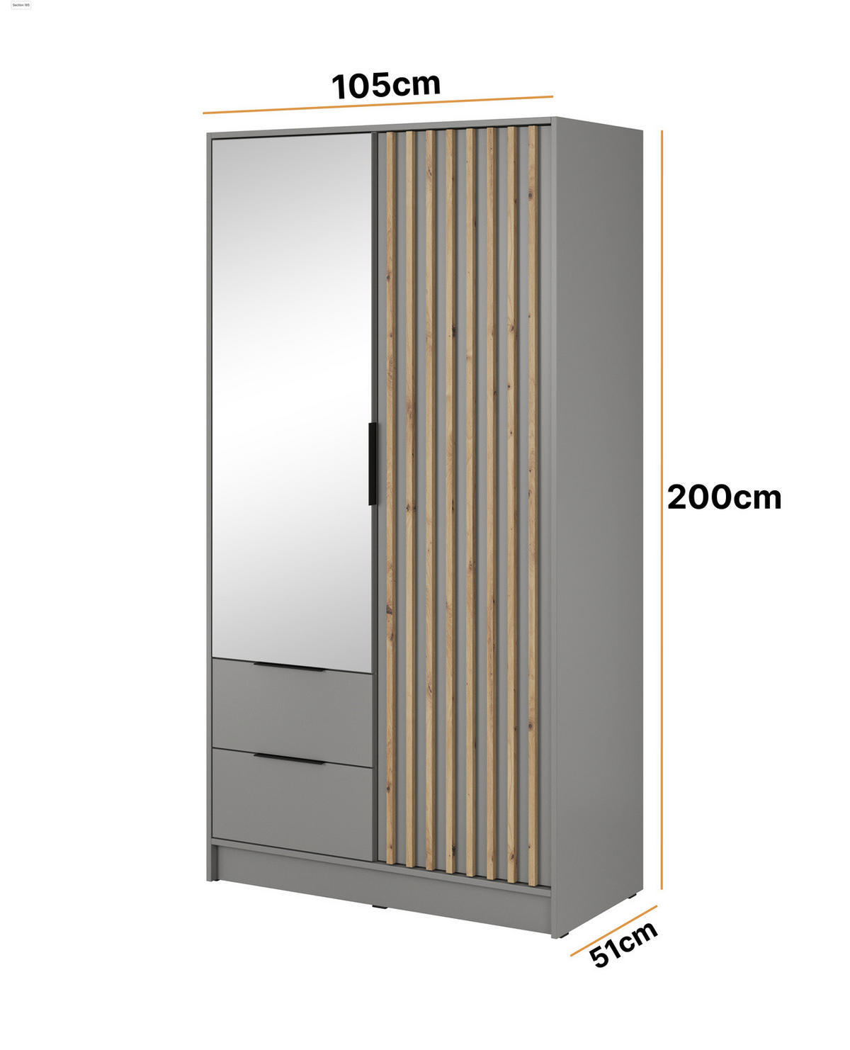 KLEIDERSCHRANK Stilo in Grau, zweitürig, mit Spiegel und Lamellen an der Vorderseite - Schwarz/Eiche Artisan, Holzwerkstoff/Kunststoff (105/200/51cm) - Ravio
