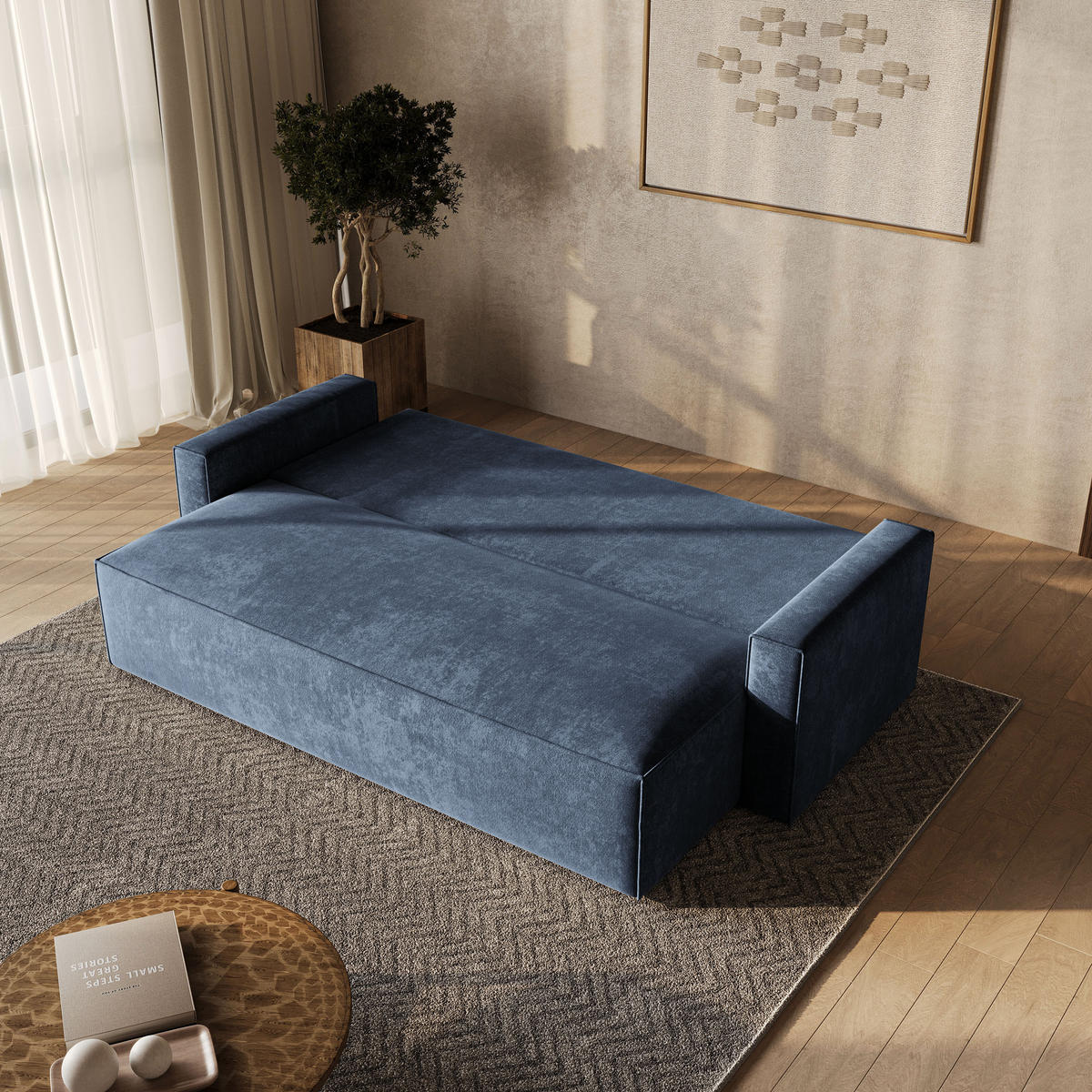 BETTSOFA MENI LM Blau Chenille-Stoff mit Schlaffunktion - Blau, Textil (232/85/87cm) - MASSENO
