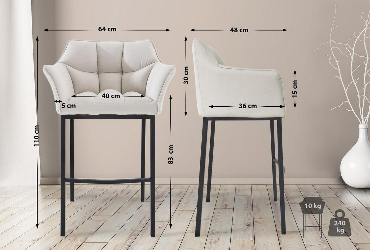 BARHOCKER Gibel Stoff Weiß Schwarz - Weiß, Textil (64/110/48cm) - DELUKE