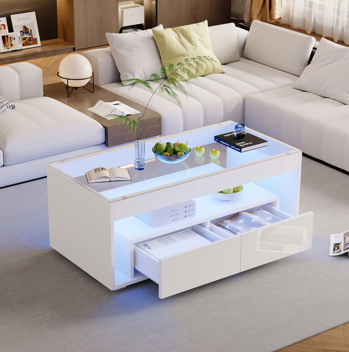 COUCHTISCH aus Spanplatte und Glas 100x50x40 cm in Weiß mit LED - Weiß, Holzwerkstoff (100/50/40cm) - Modfu